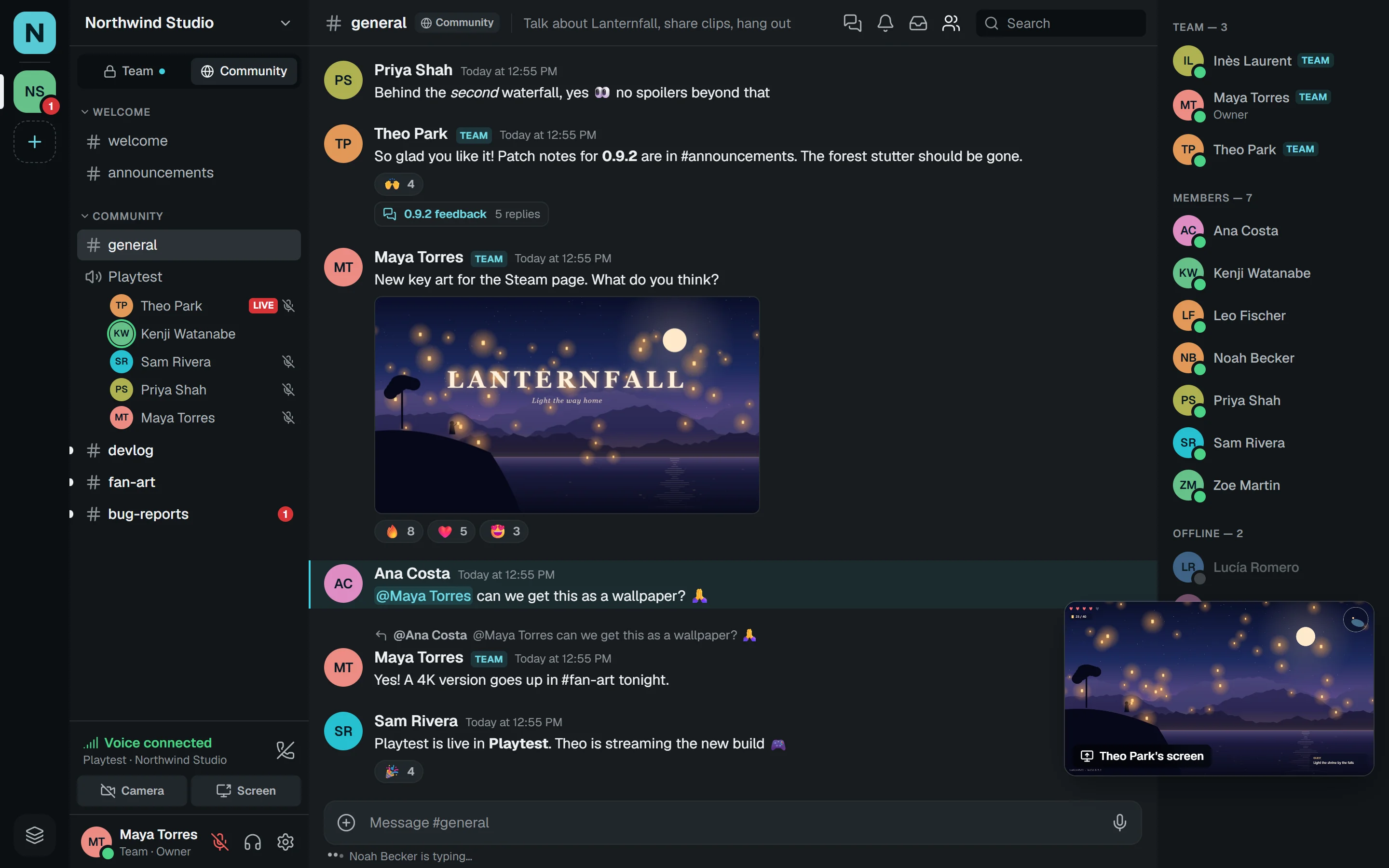 Close-up: a message with a 0.9.2 feedback thread of 5 replies, and the Lanternfall key art with 8 fire, 5 heart and 3 heart-eyes reactions.