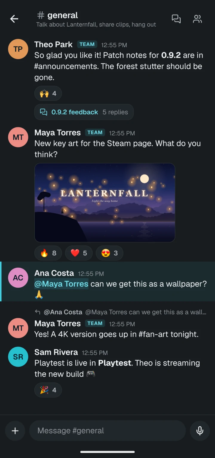 Nive on a phone: Northwind Studio's community channel with the Lanternfall key art, reactions and an @mention.