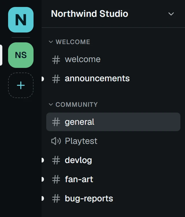 Sam's sidebar in Northwind Studio: Welcome and Community channels only, no Team tab.