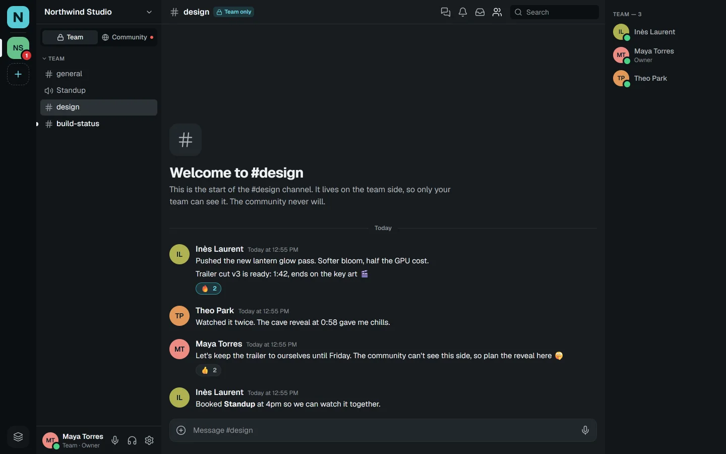 The team-only #design channel: the team plans a trailer reveal, and only the three team members are listed.